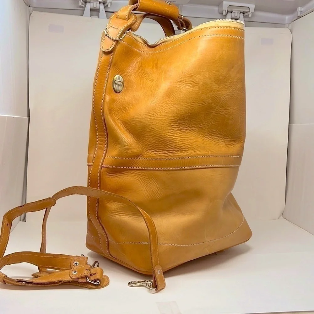 Large Tall Belting Leather Zip Tongue Groove Closure Hand Crossbody Bucket Bag